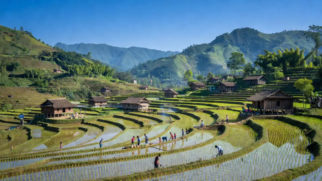 Cảnh quan xã Cán Tỷ huyện Quản Bạ Hà Giang, cánh đồng bậc thang và người dân địa phương.