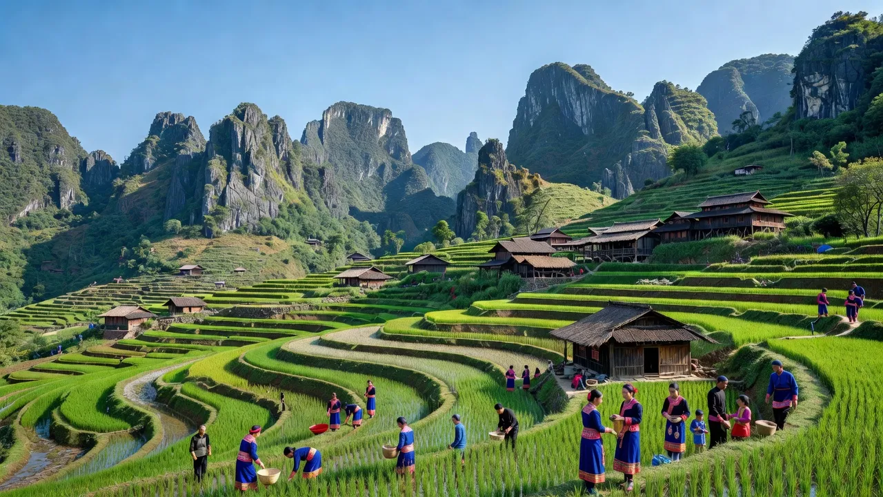 Khung cảnh xã Cán Tỷ, huyện Quản Bạ, Hà Giang với núi đá và ruộng bậc thang.