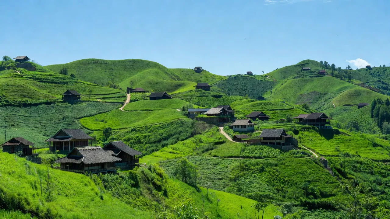 Cao Mã Pờ in Quản Bạ, Hà Giang, showcasing traditional houses and green hills in a serene setting.