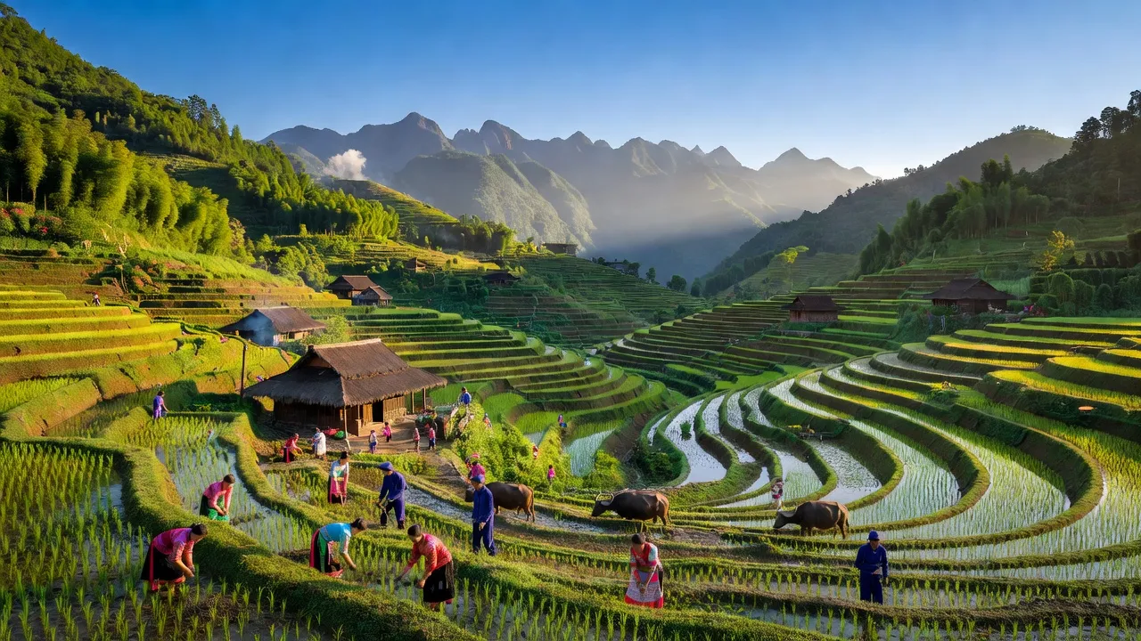 Khung cảnh Cao Mã Pờ, Quản Bạ, Hà Giang với ruộng bậc thang và nhà truyền thống.