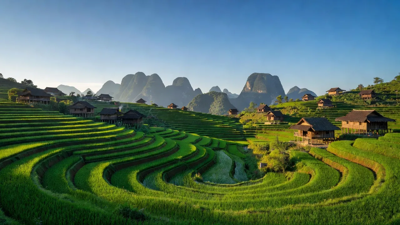 Phong cảnh xanh mướt Xã Đông Hà, Huyện Quản Bạ, Tỉnh Hà Giang, với ruộng bậc thang và nhà cửa truyền thống.