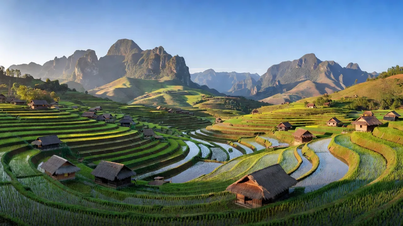 Cảnh quan xã Lùng Tám, huyện Quản Bạ, tỉnh Hà Giang với ruộng bậc thang và núi đá.