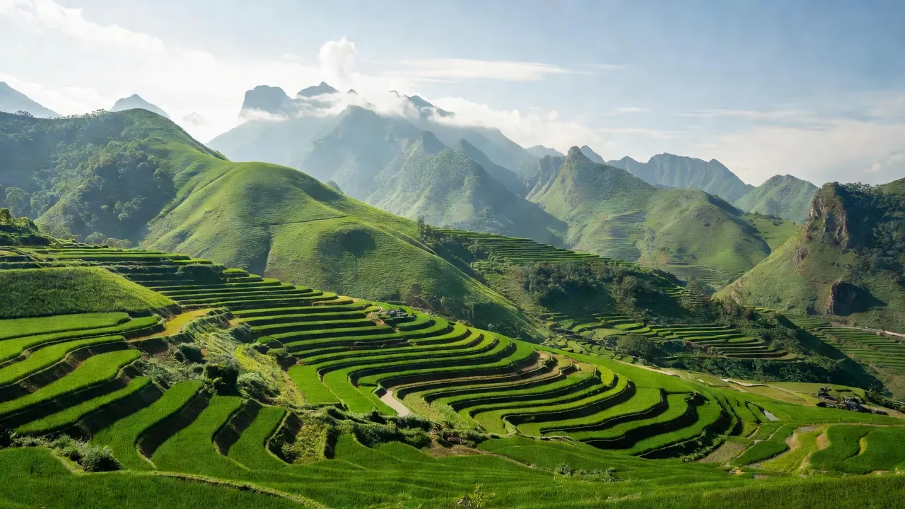 Khung cảnh đồi núi xã Lùng Tám, Quản Bạ, Hà Giang với ruộng bậc thang xanh tươi.