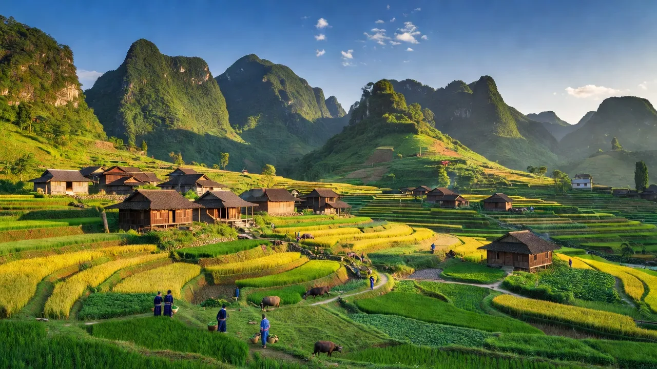 Nghĩa Thuận village in Quản Bạ, Hà Giang, featuring green mountains and traditional Mông houses.