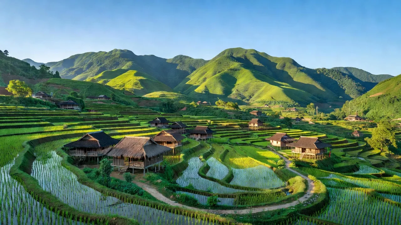 Khung cảnh xã Quyết Tiến, huyện Quản Bạ, tỉnh Hà Giang với núi non, ruộng bậc thang.