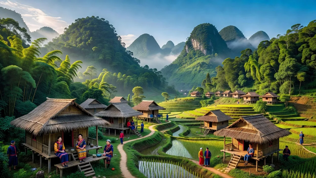 Khung cảnh thị trấn Tam Sơn, huyện Quản Bạ, tỉnh Hà Giang với núi non xanh tươi và nhà sàn truyền thống.