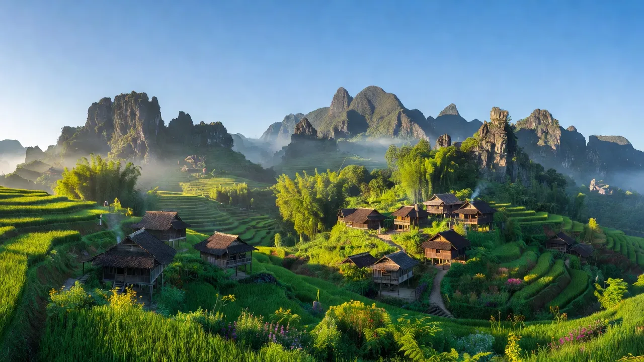 Chân dung làng Thái An, huyện Quản Bạ, tỉnh Hà Giang với cảnh quan núi đá vôi xanh tươi.