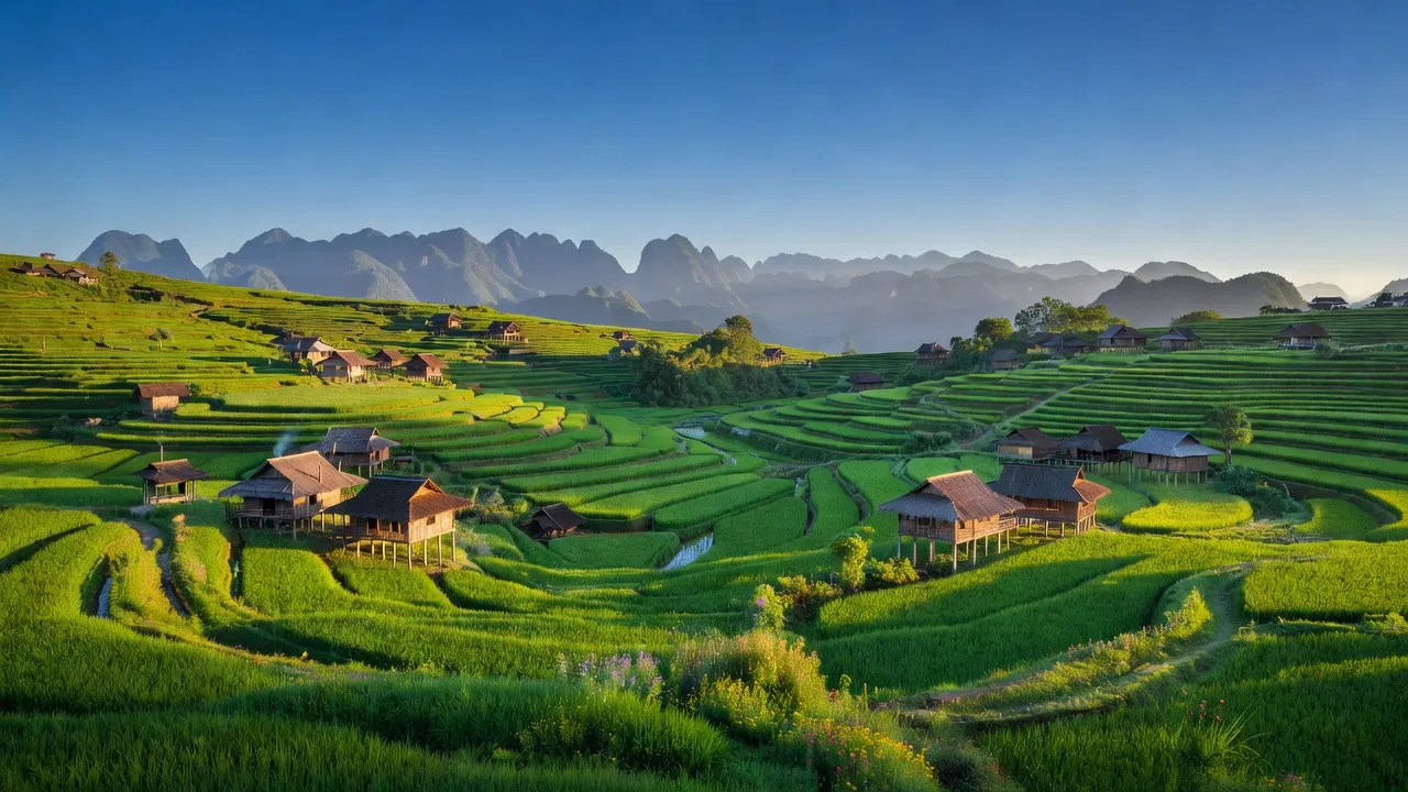 Cảnh đẹp xã Thanh Vân, huyện Quản Bạ, tỉnh Hà Giang với núi non xanh tươi và trời trong.