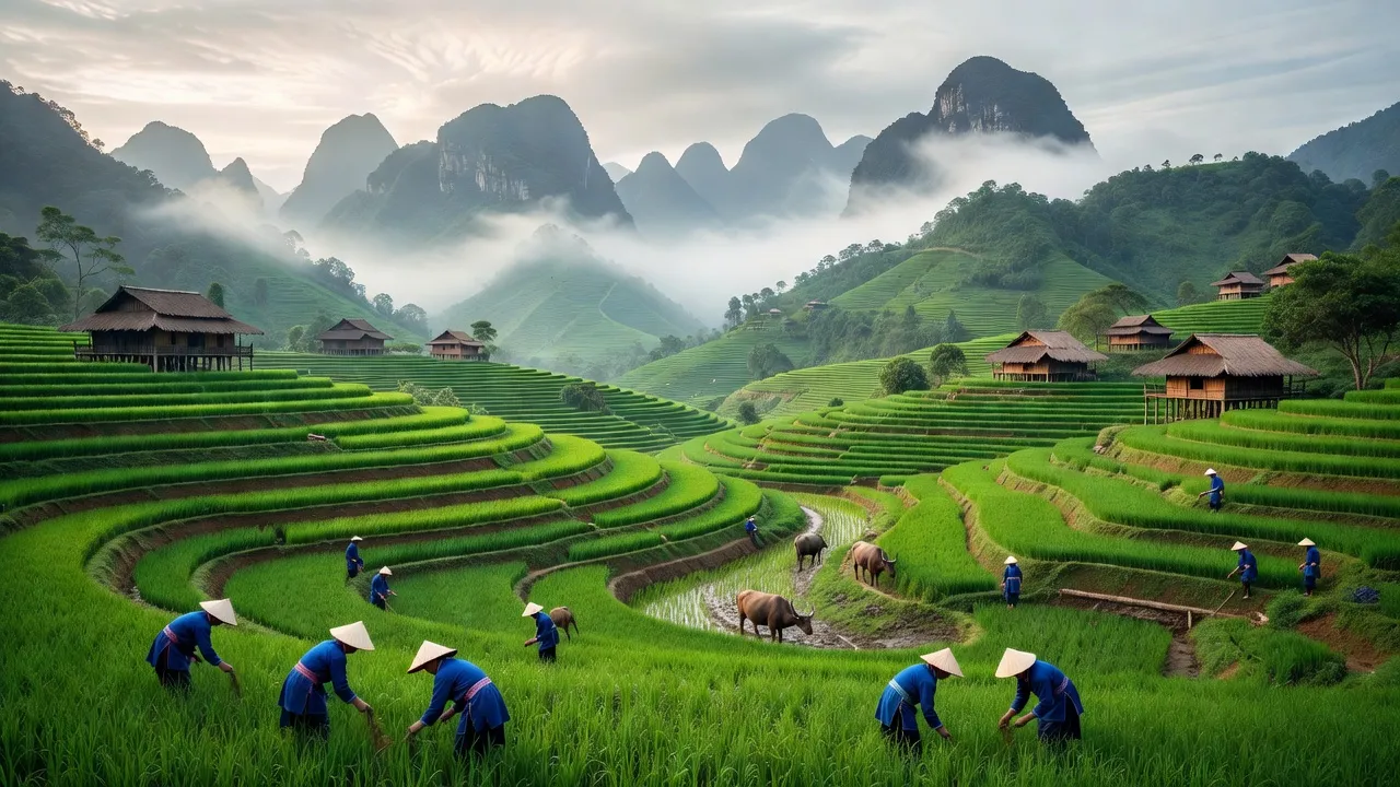 Cảnh đẹp xã Thanh Vân, huyện Quản Bạ, tỉnh Hà Giang với thung lũng xanh mướt và núi misty.