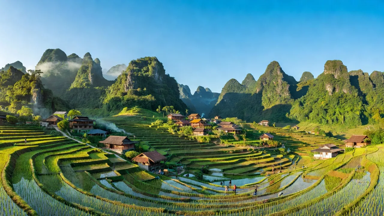 Phong cảnh đẹp Xã Tùng Vài, huyện Quản Bạ, Hà Giang với ruộng bậc thang và núi xanh.