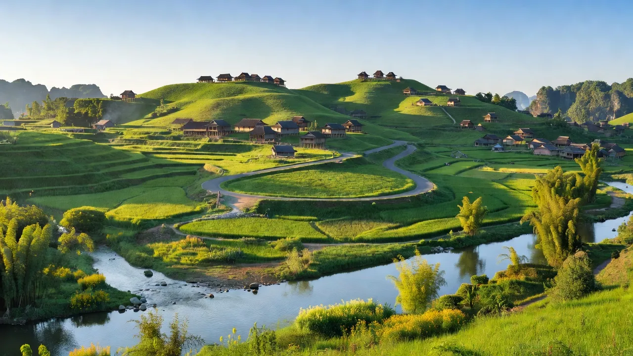 Cảnh quan huyện Quang Bình, Hà Giang với đồi núi, đường phố và làng quê truyền thống Việt Nam.