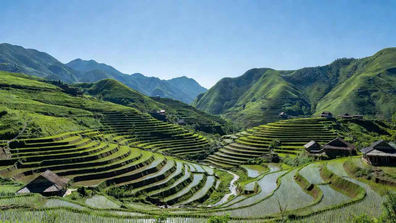Khung cảnh xã Bản Rịa, huyện Quang Bình, tỉnh Hà Giang với đồi núi, ruộng bậc thang và nhà truyền thống.