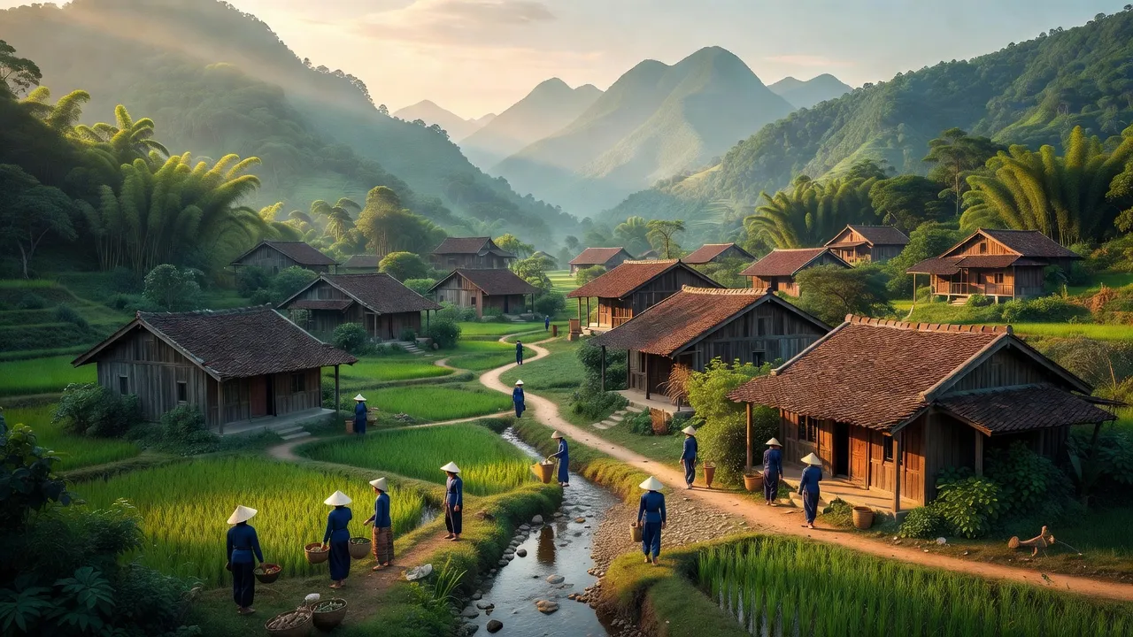 Cảnh đẹp xã Bằng Lang, huyện Quang Bình, tỉnh Tuyên Quang, với núi xanh và nhà truyền thống.