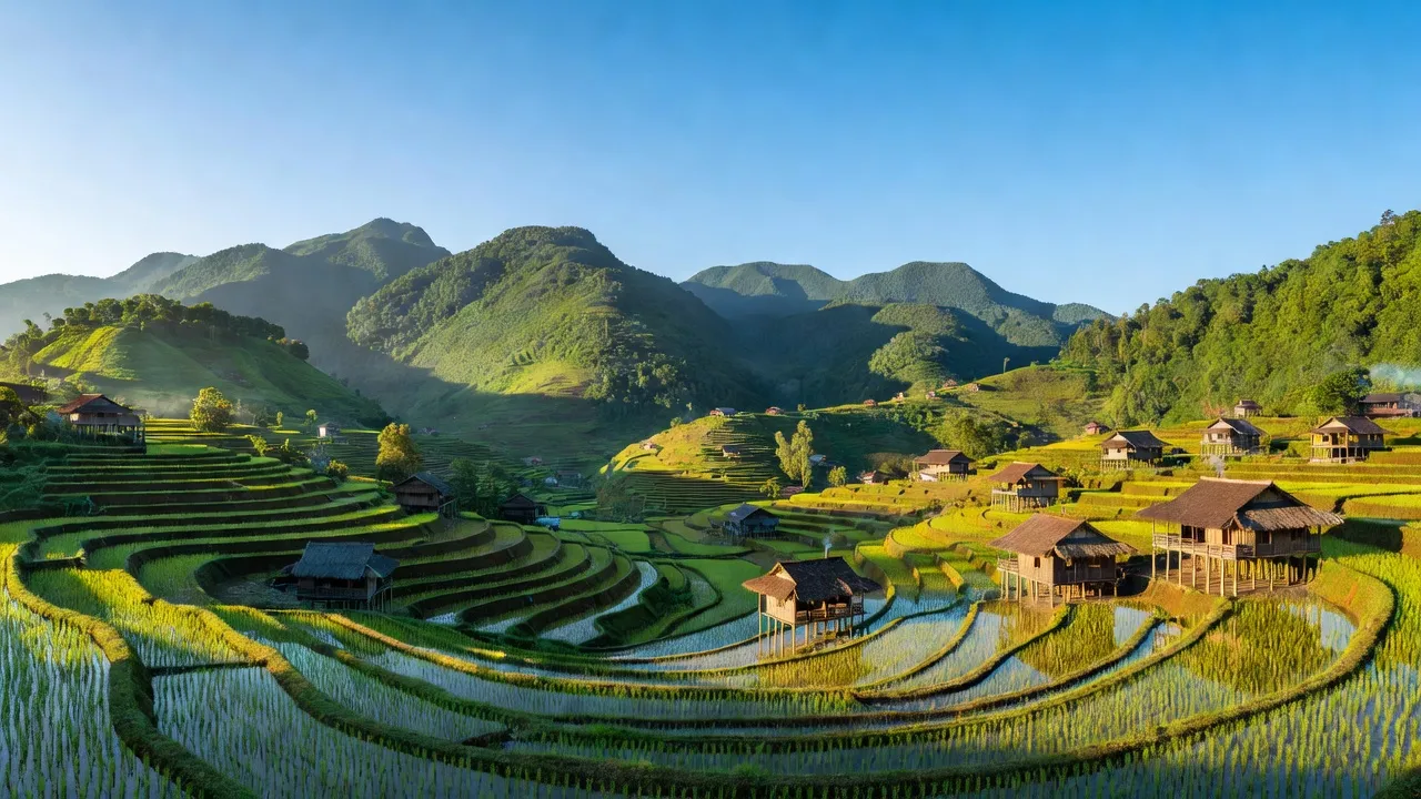 Quang Bình district's Hương Sơn village with terraced rice fields and lush mountains, Hà Giang province.