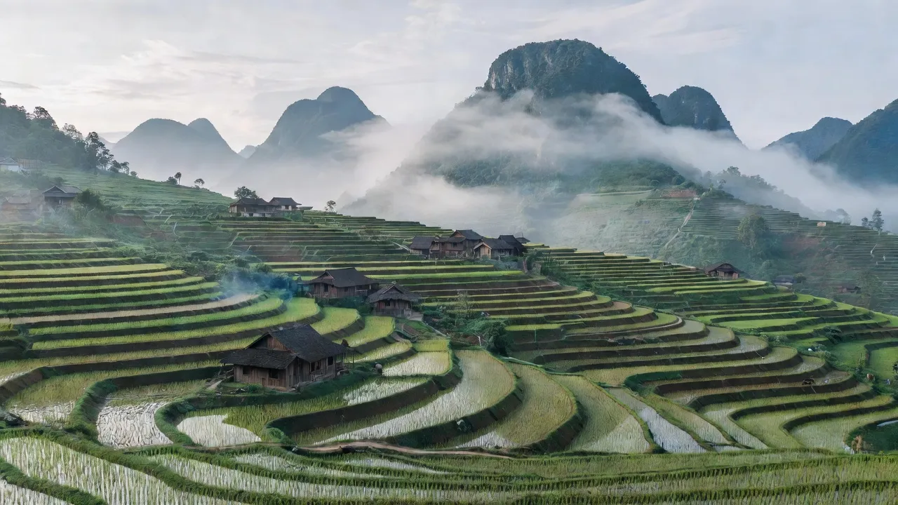 Khung cảnh bình yên xã Nà Khương, huyện Quang Bình, tỉnh Hà Giang với ruộng bậc thang và nhà sàn.