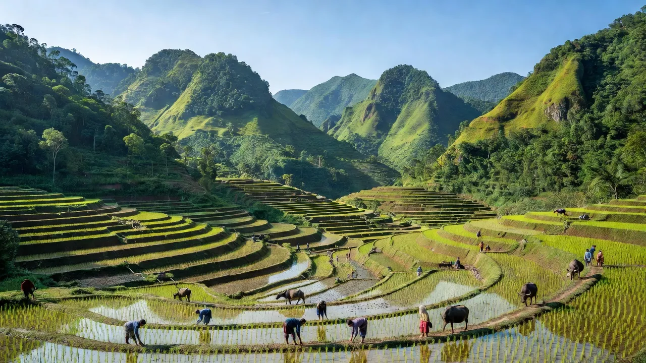 Cảnh quan xã Tân Bắc, huyện Quang Bình, tỉnh Hà Giang với núi và ruộng bậc thang.