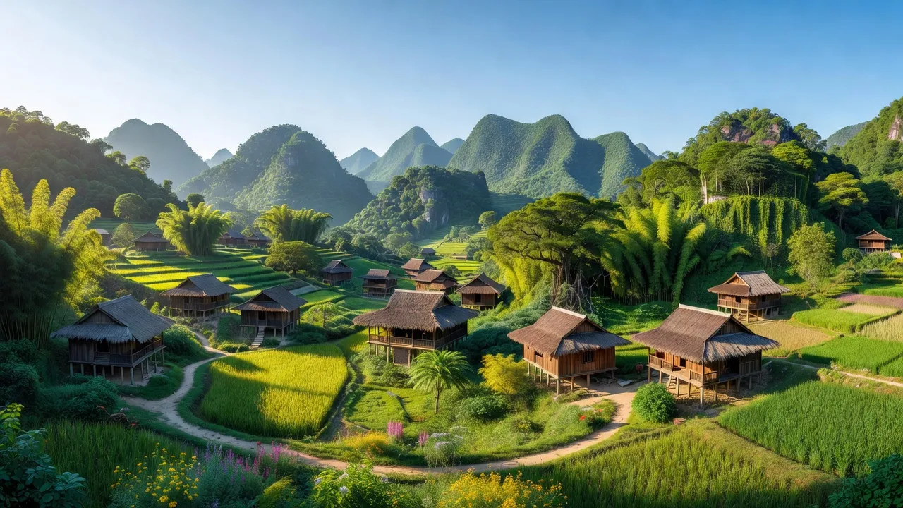Cảnh đẹp xã Tân Trịnh, huyện Quang Bình, tỉnh Hà Giang với núi non và nhà truyền thống.