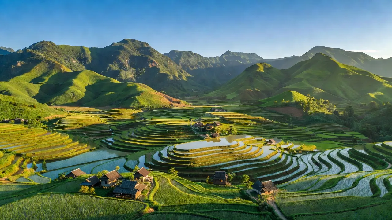 Cảnh quan xã Tân Trịnh, huyện Quang Bình, Hà Giang với đồi núi, ruộng bậc thang và bầu trời trong xanh.