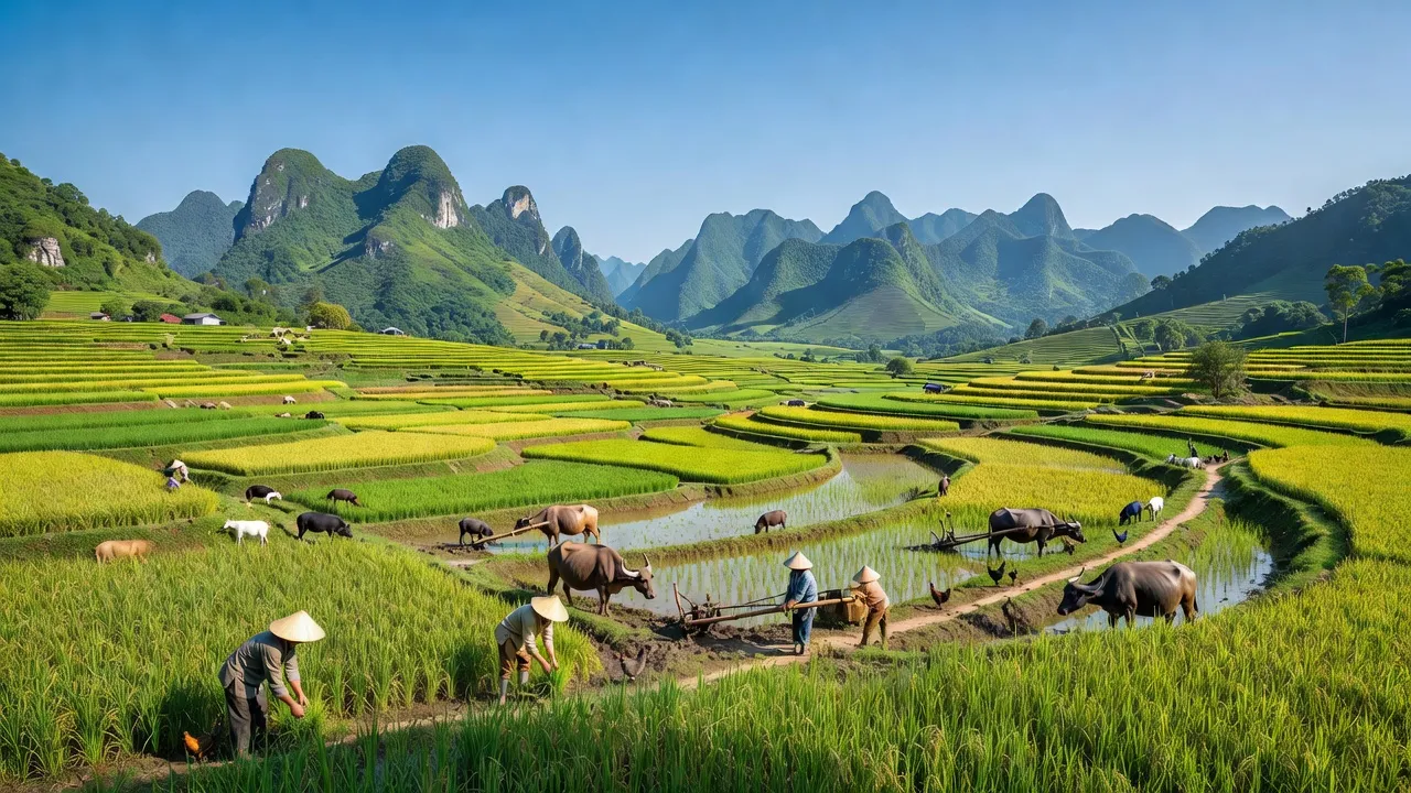 Cảnh quan xã Vĩ Thượng, huyện Quang Bình, tỉnh Hà Giang với cánh đồng xanh và phong cảnh núi non.