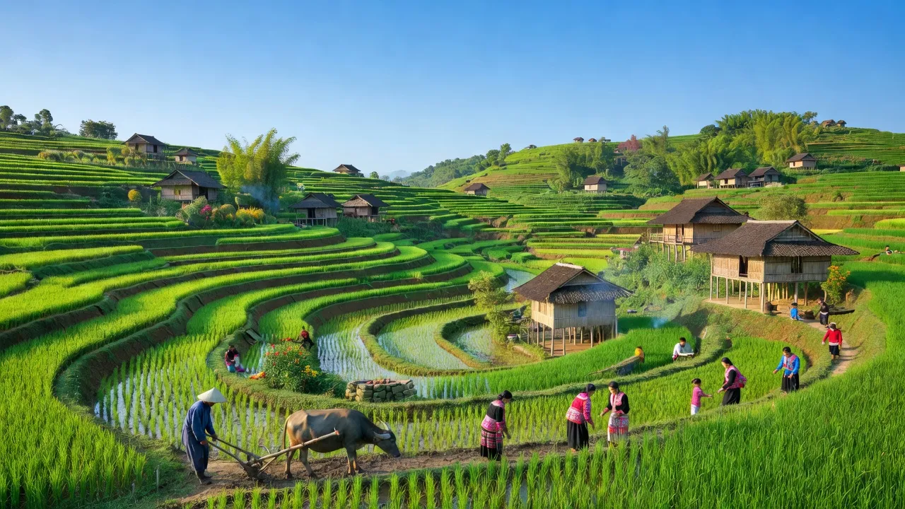 Phong cảnh xanh tươi ở xã Vĩ Thượng, huyện Quang Bình, tỉnh Hà Giang, với cánh đồng bậc thang và nhà truyền thống.
