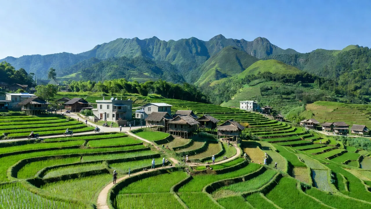 Xuân Giang, Quang Bình, Hà Giang with terraced fields, mountain backdrop, and rural life scenery.