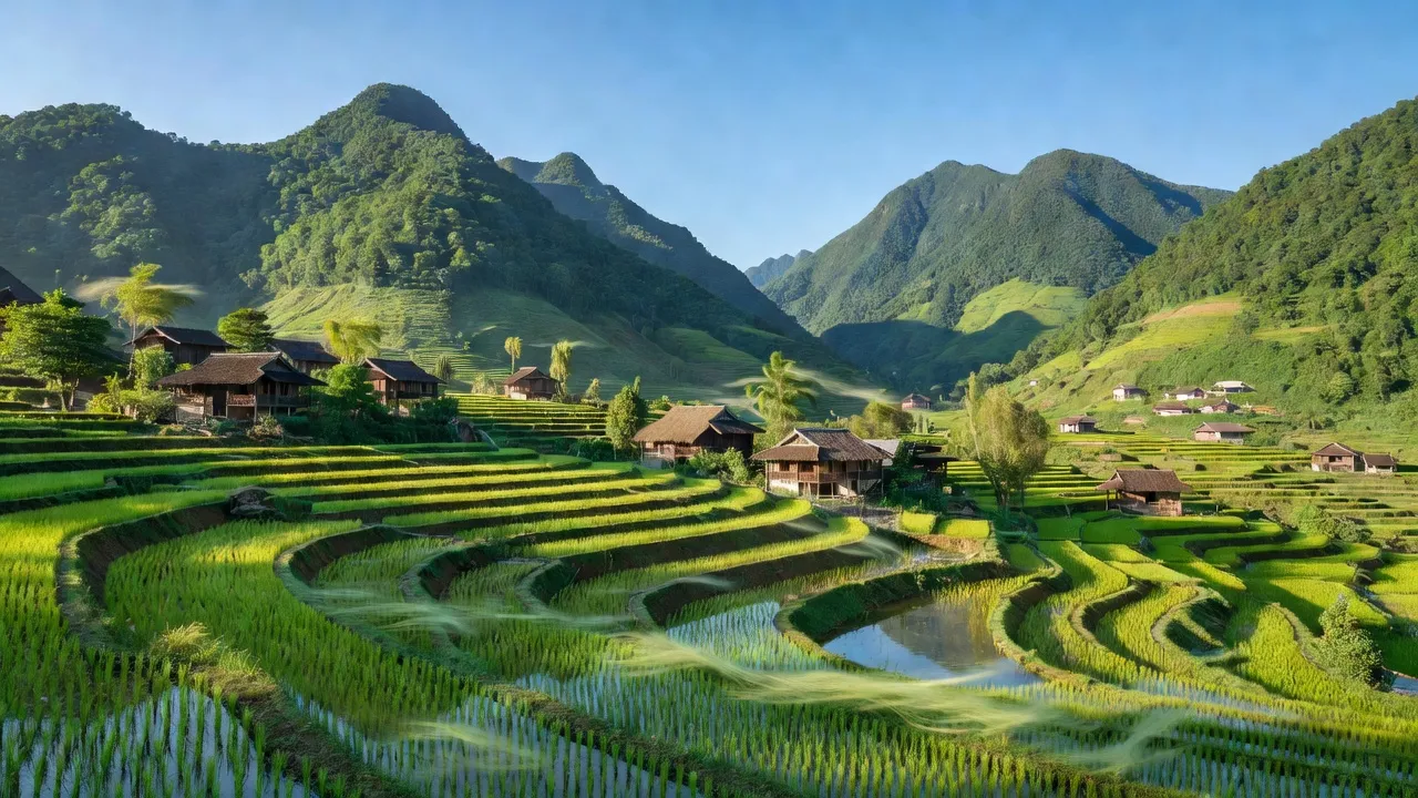 Khung cảnh xã Xuân Minh, huyện Quang Bình, tỉnh Hà Giang, với núi non xanh tươi và nhà truyền thống.
