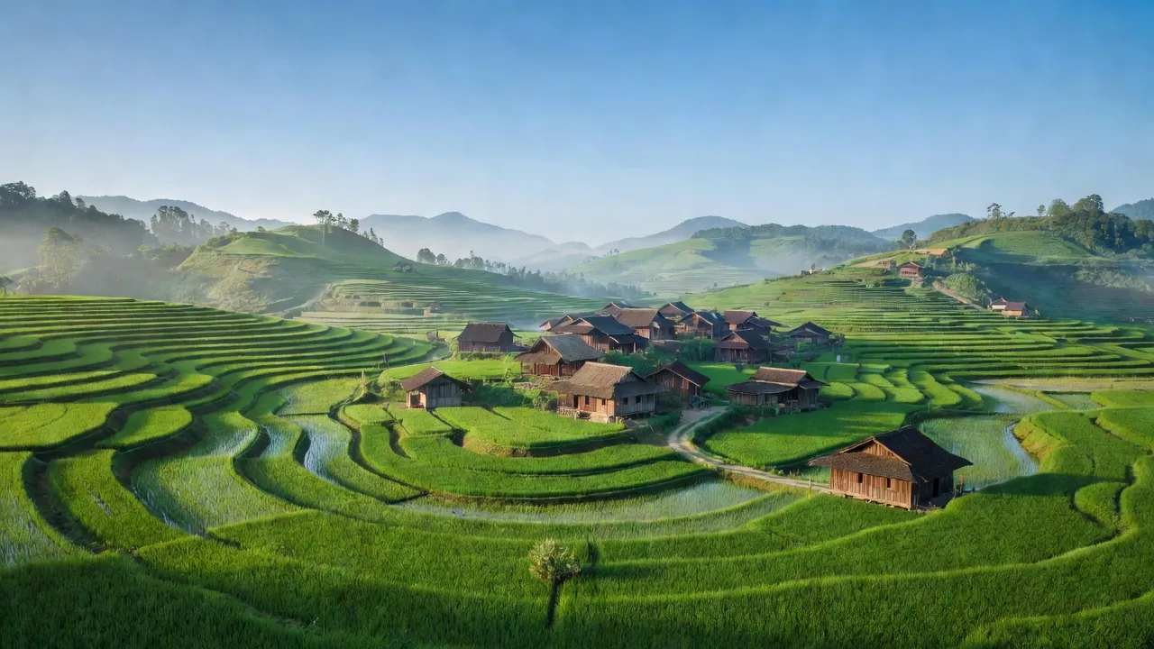 Quang Bình, Hà Giang: Xuân Minh village with rice fields and traditional houses in a serene landscape.