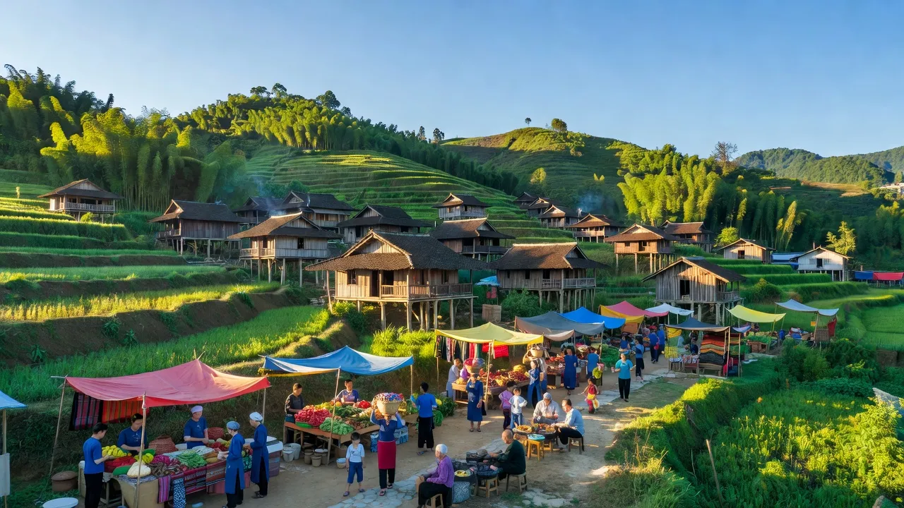 Thị trấn Yên Bình, huyện Quang Bình, tỉnh Hà Giang với đồi núi xanh, nhà truyền thống và hoạt động hàng ngày.