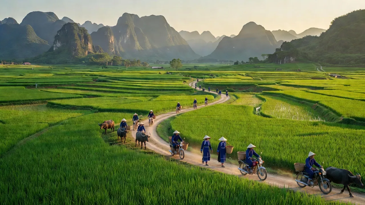 Cảnh đẹp xã Yên Hà, huyện Quang Bình, Hà Giang với cánh đồng xanh và núi non hùng vĩ.