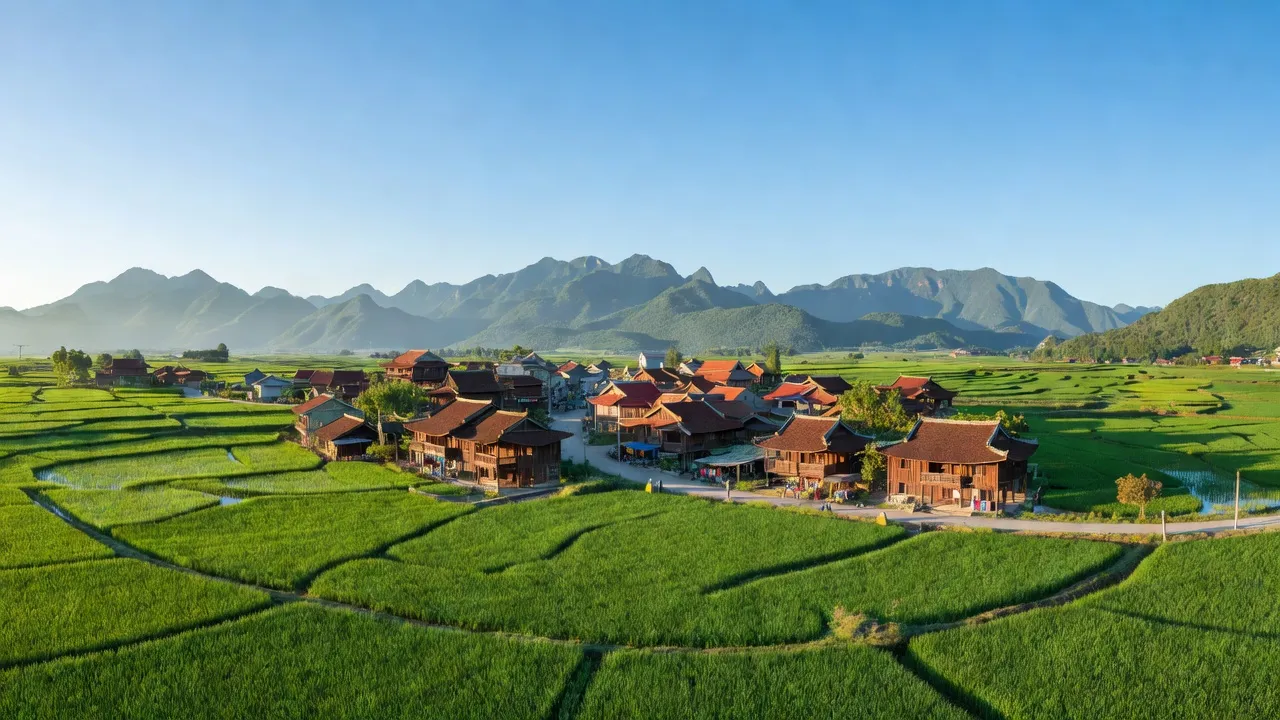 Cảnh quan huyện Vị Xuyên, Hà Giang với cánh đồng xanh và núi non hùng vĩ, thể hiện vẻ đẹp địa lý.