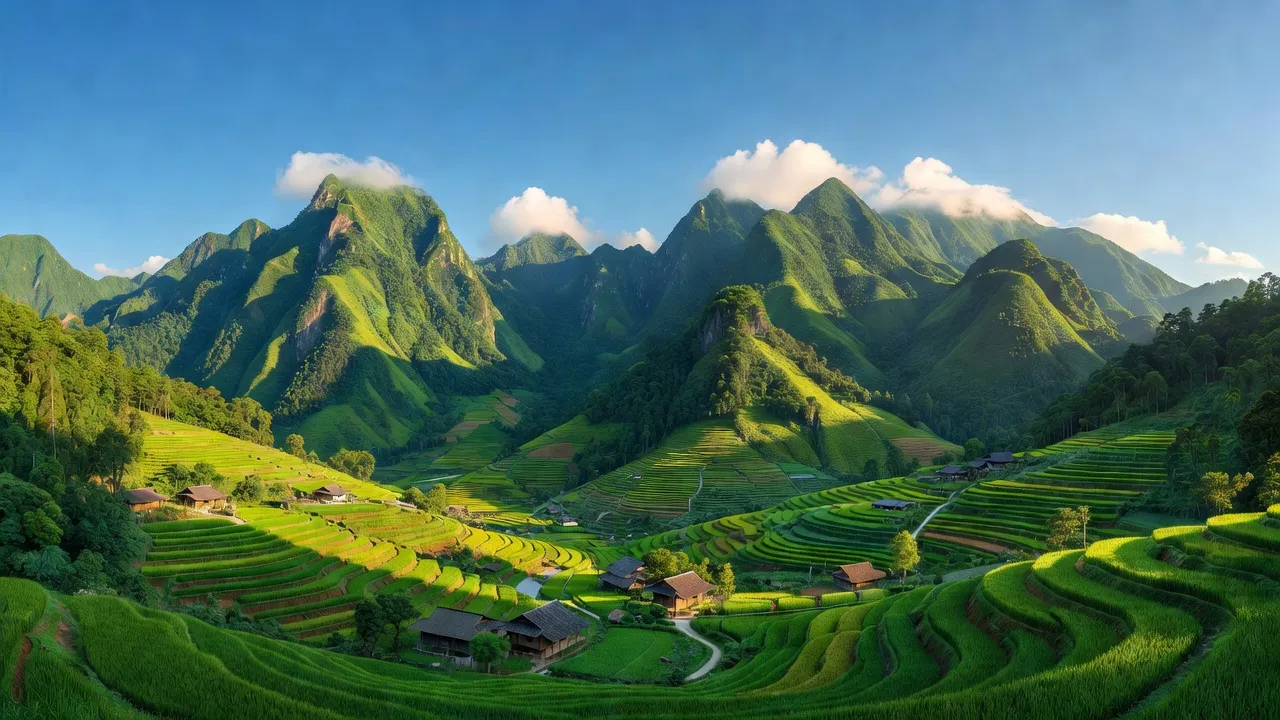Phong cảnh xã Bạch Ngọc, huyện Vị Xuyên, tỉnh Hà Giang với núi non và ruộng bậc thang.