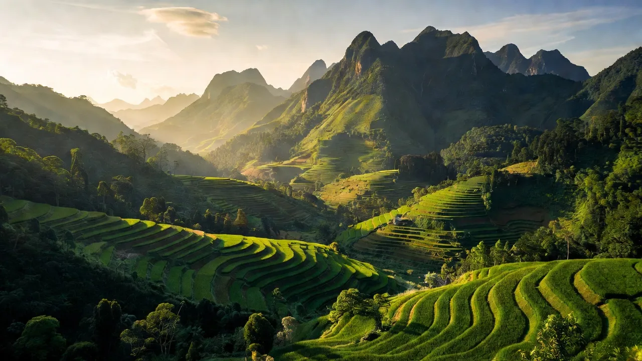 Cảnh đẹp xã Cao Bồ, huyện Vị Xuyên, tỉnh Hà Giang với núi, ruộng bậc thang và rừng xanh.