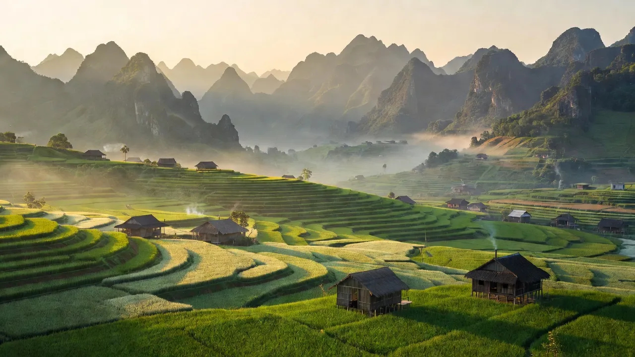 Cảnh quan xã Cao Bồ, huyện Vị Xuyên với núi non hùng vĩ và cánh đồng xanh tươi.