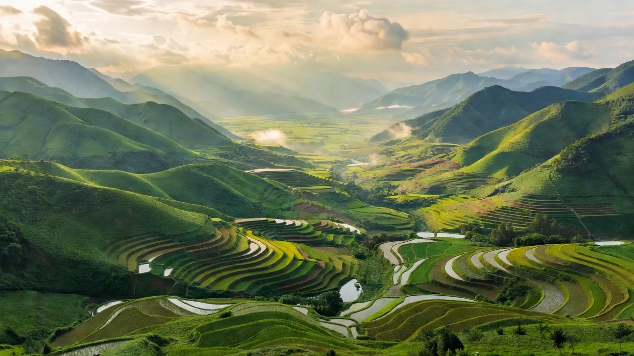Cảnh quan xã Đạo Đức, huyện Vị Xuyên, tỉnh Hà Giang với đồi xanh và ruộng bậc thang, thu hút du khách.