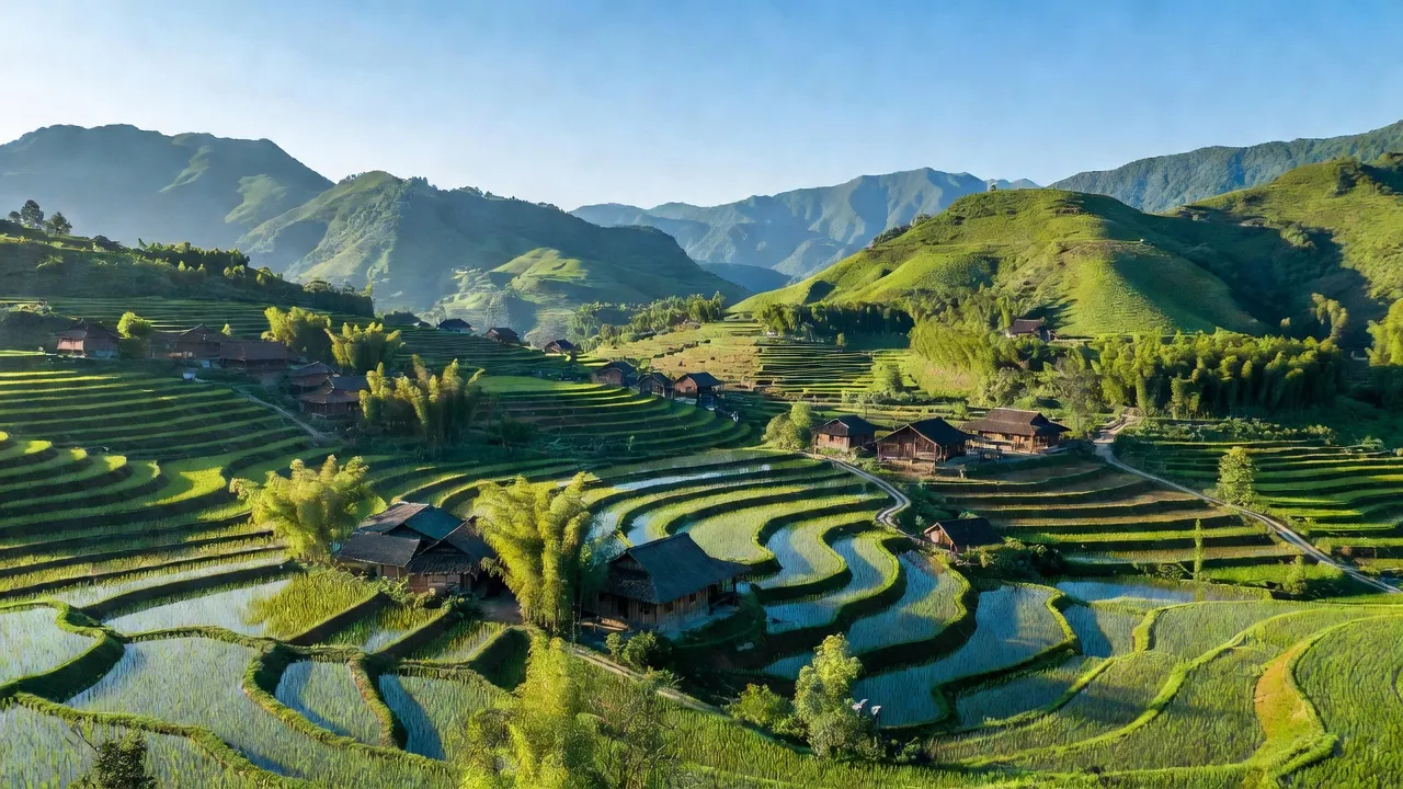 Cảnh quan Xã Kim Linh, huyện Vị Xuyên, tỉnh Hà Giang với đồi núi và nhà truyền thống.