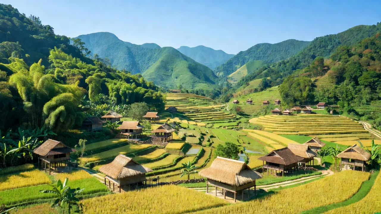 Khung cảnh Xã Kim Linh, huyện Vị Xuyên, tỉnh Hà Giang với núi xanh và nhà truyền thống.