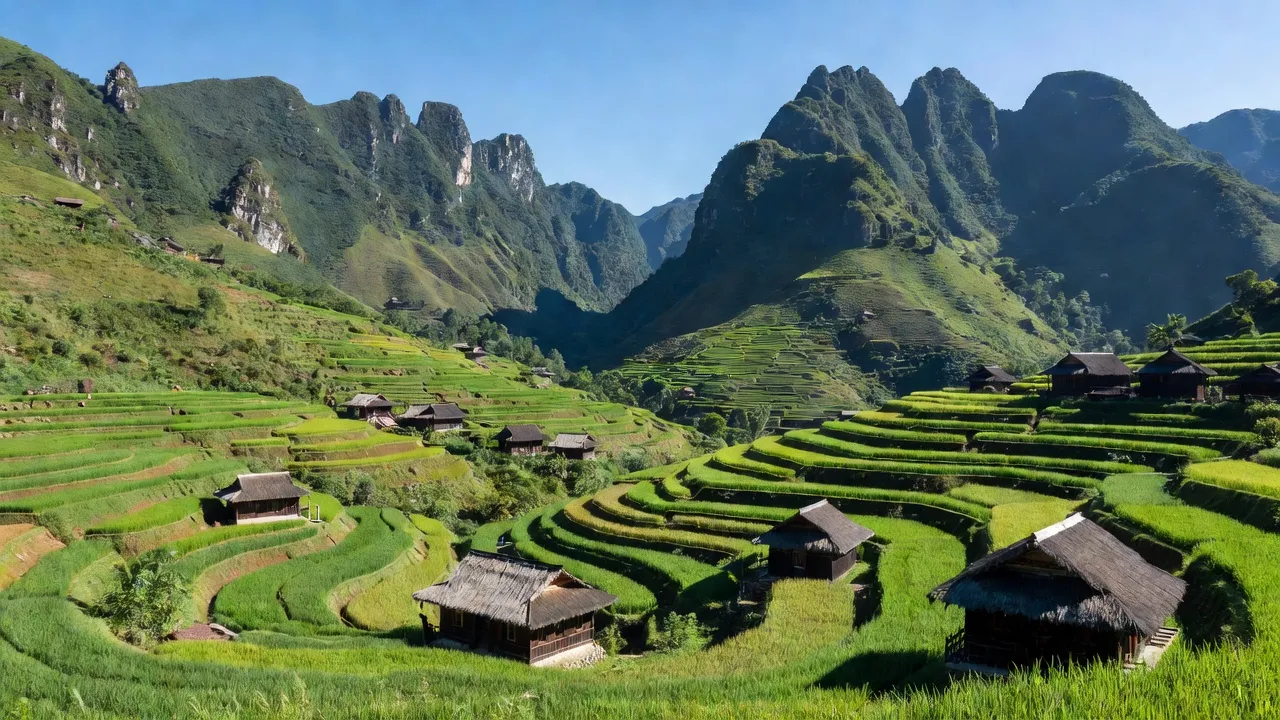 Khung cảnh xã Lao Chải, huyện Vị Xuyên, Hà Giang với núi non và ruộng bậc thang xanh tươi.