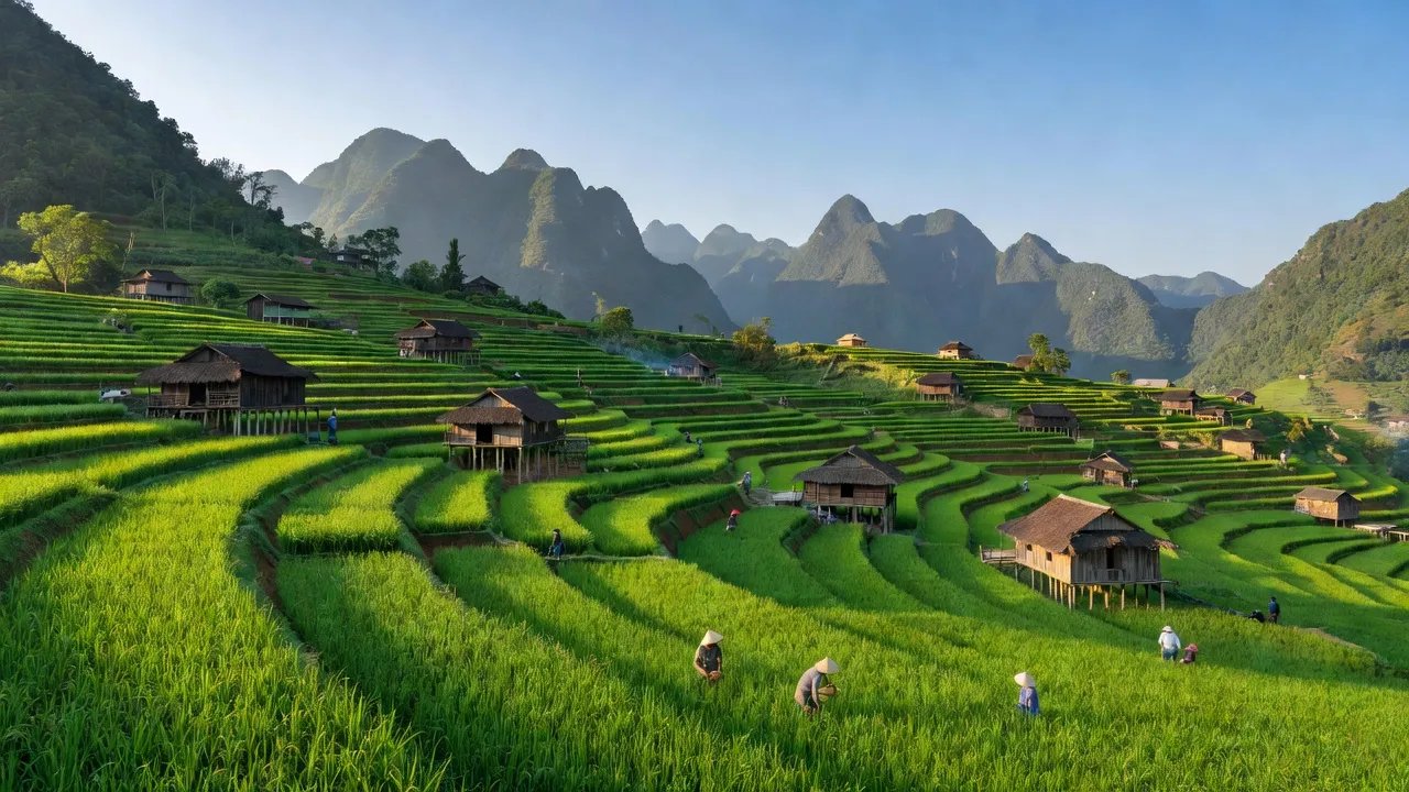 Khung cảnh tuyệt đẹp của xã Linh Hồ, huyện Vị Xuyên, tỉnh Hà Giang với ruộng bậc thang và núi non.
