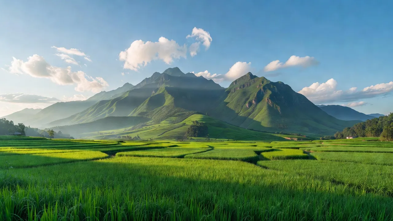 Phong cảnh xã Linh Hồ, huyện Vị Xuyên, tỉnh Hà Giang với núi non hùng vĩ và cánh đồng xanh.