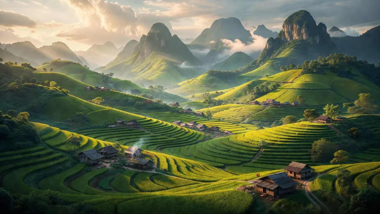 Khung cảnh xã Ngọc Linh, huyện Vị Xuyên, tỉnh Hà Giang với cánh đồng lúa và đồi núi xanh.