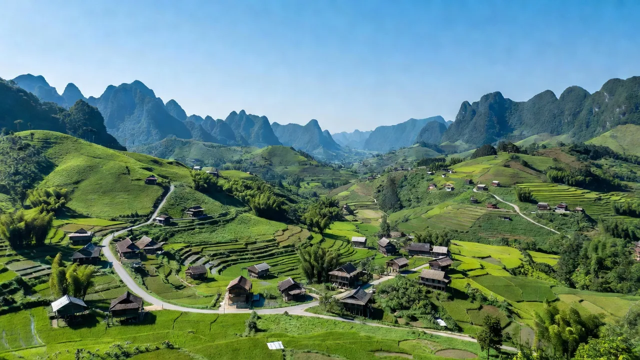 Khung cảnh xã Ngọc Linh, huyện Vị Xuyên, tỉnh Hà Giang với núi non xanh tươi và nhà truyền thống.