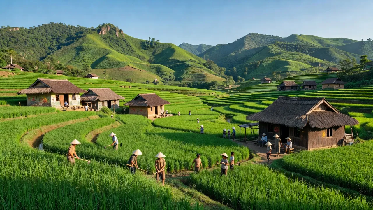 Khung cảnh xã Ngọc Minh, huyện Vị Xuyên, Hà Giang với ruộng lúa xanh và đồi núi hùng vĩ.