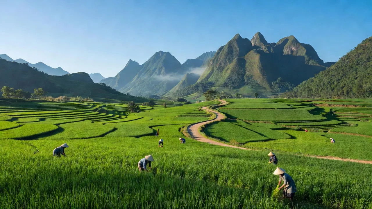 Thị trấn Nông Trường Việt Lâm, huyện Vị Xuyên, Hà Giang với cánh đồng và núi non hùng vĩ.