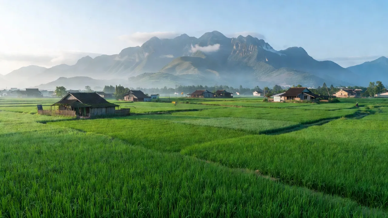 Thị trấn Nông Trường Việt Lâm, huyện Vị Xuyên, tỉnh Hà Giang, cảnh quan núi non và cánh đồng xanh tươi.
