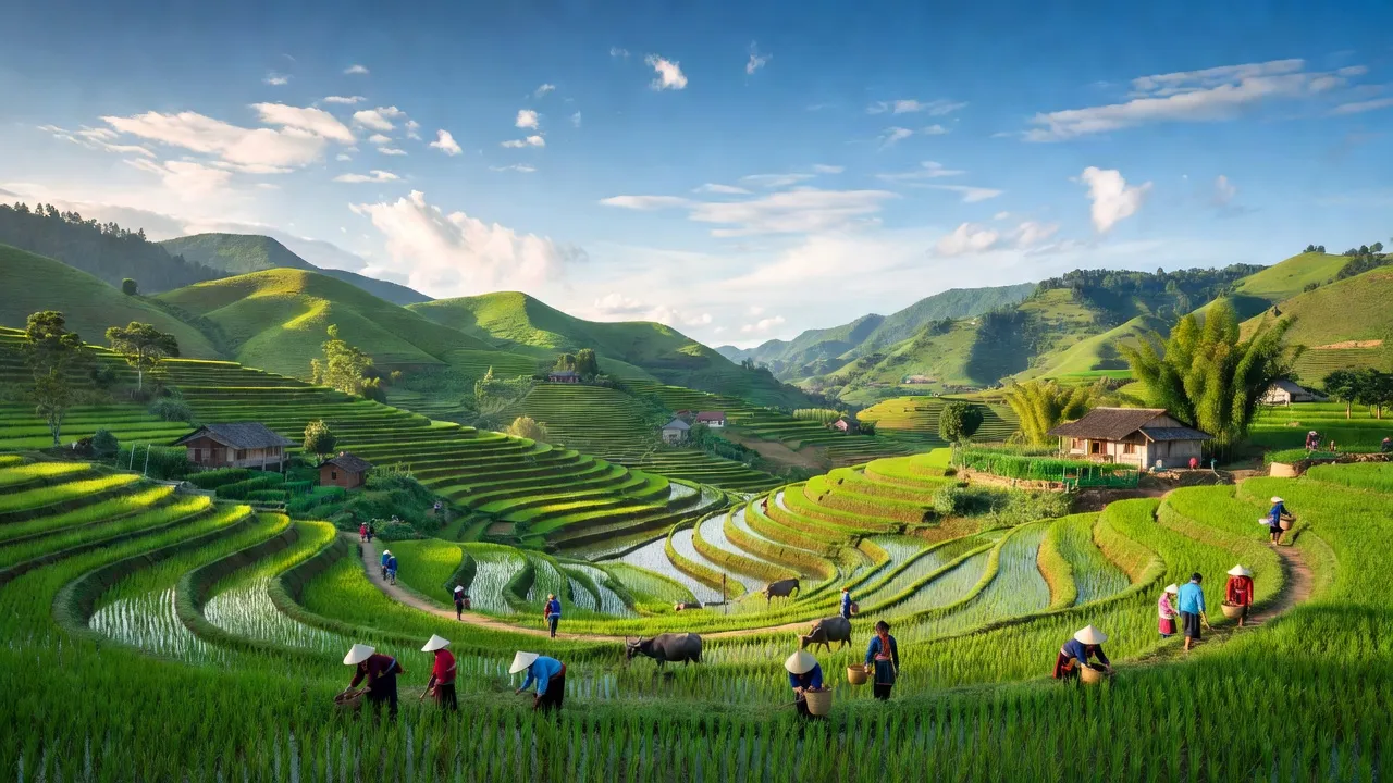 Cảnh sắc tuyệt đẹp tại xã Phú Linh, huyện Vị Xuyên, với đồi núi và ruộng bậc thang.