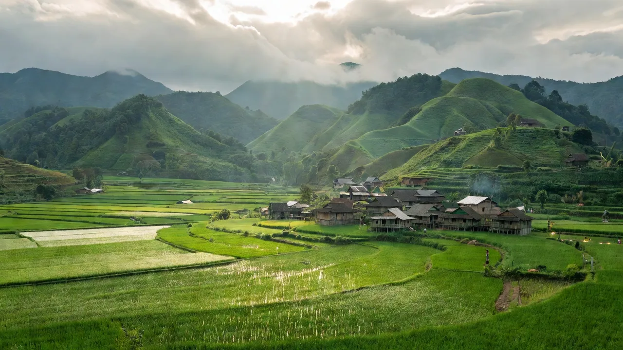 Khung cảnh xã Phú Linh, huyện Vị Xuyên, tỉnh Hà Giang với đồi núi xanh và ngôi làng truyền thống.