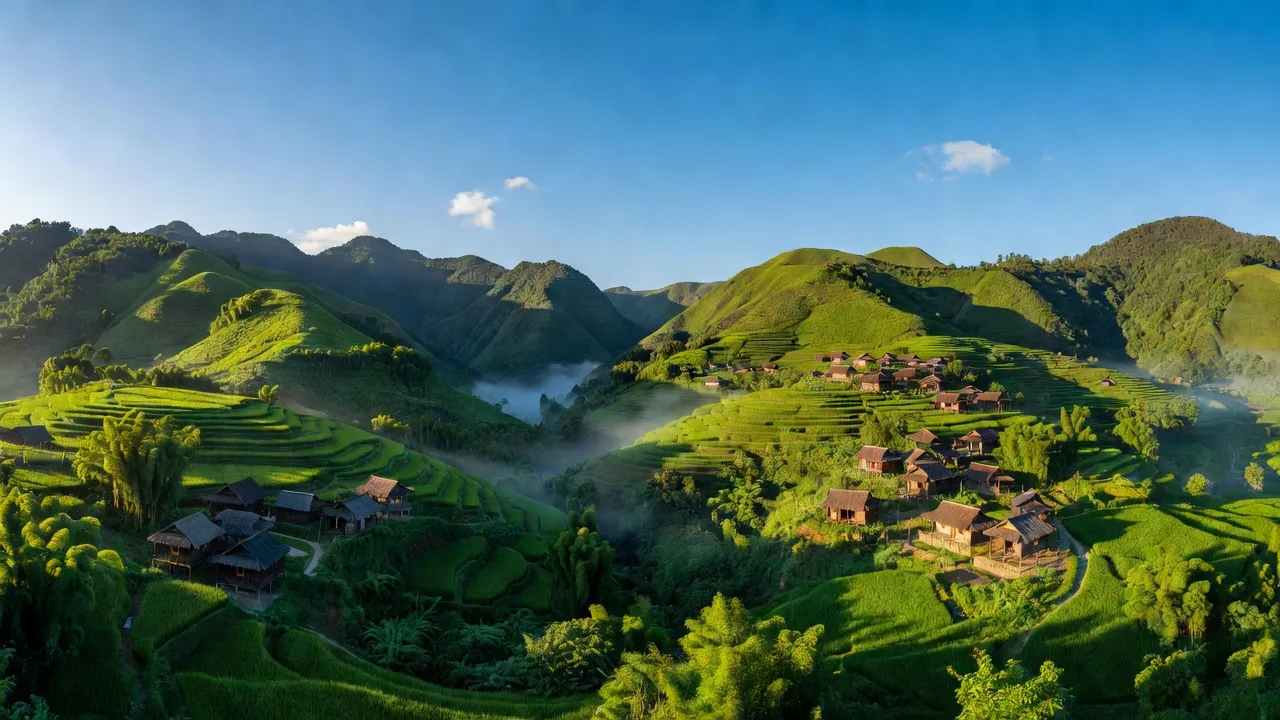 Cảnh quan đồi núi xanh tươi ở xã Phương Tiến, huyện Vị Xuyên, tỉnh Hà Giang, Việt Nam.
