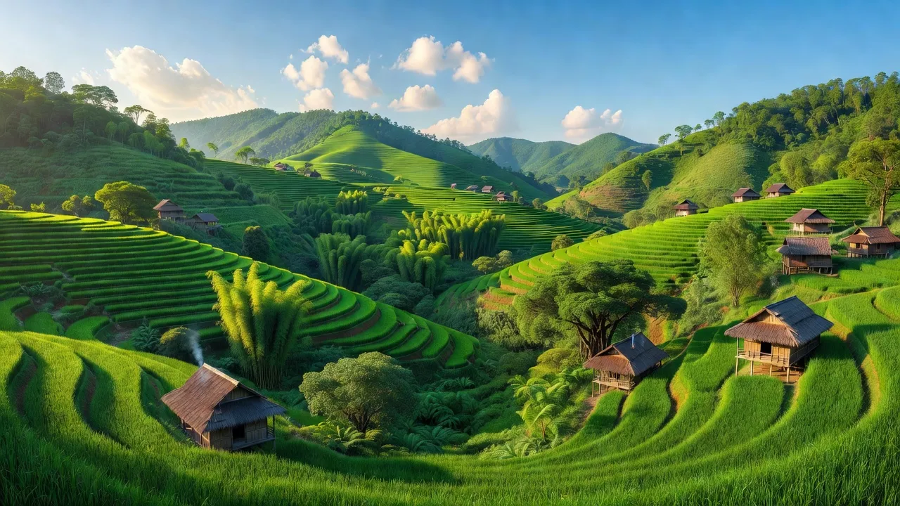 Khung cảnh xã Phương Tiến, huyện Vị Xuyên, tỉnh Hà Giang với đồi núi và thung lũng xanh tươi.