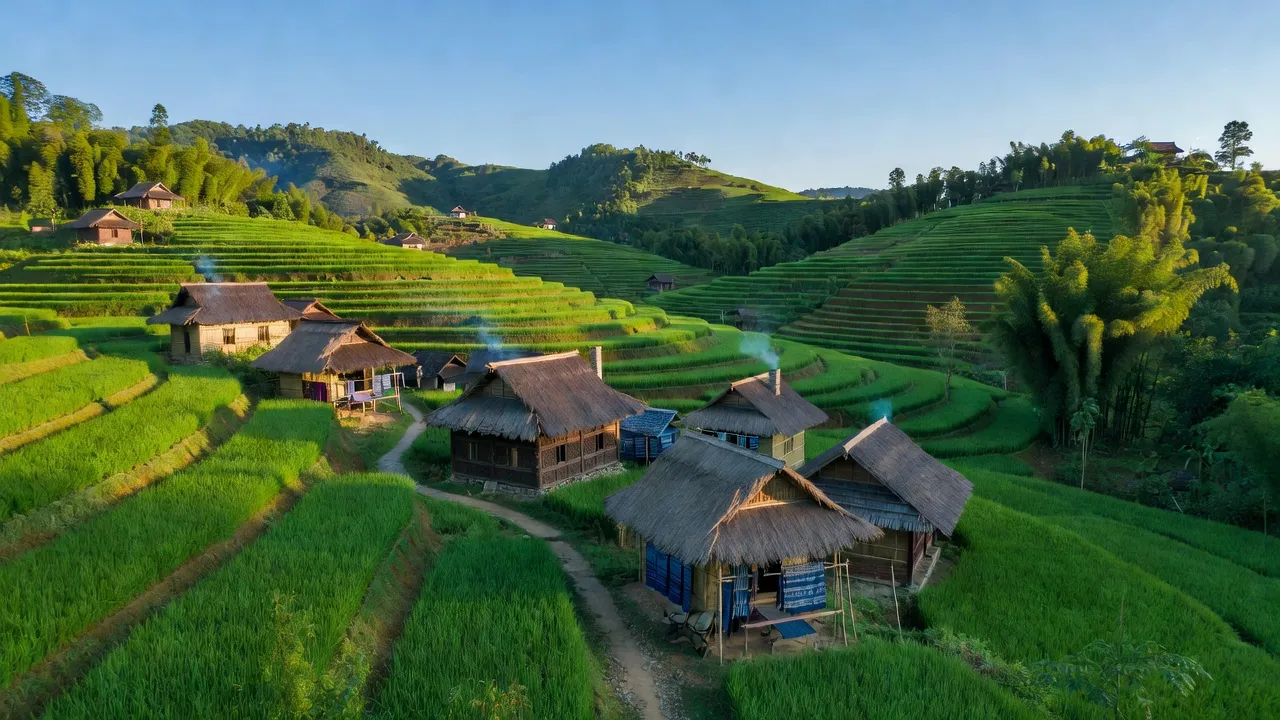 Khung cảnh yên bình tại xã Quảng Ngần, huyện Vị Xuyên, tỉnh Hà Giang với nhà truyền thống và thiên nhiên xanh mát.