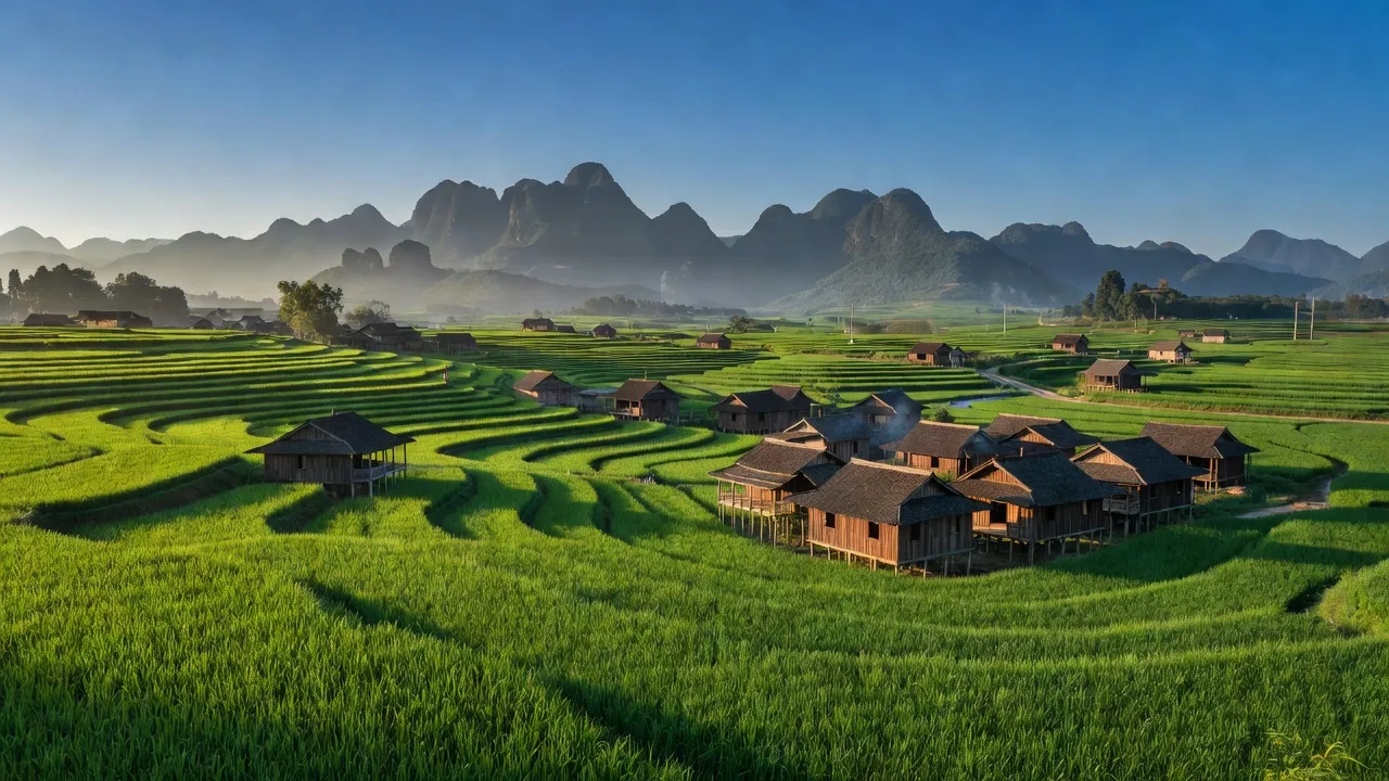 Cảnh đẹp Thanh Thủy, huyện Vị Xuyên, tỉnh Hà Giang với ruộng xanh và nhà gỗ truyền thống.